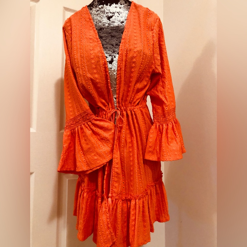 Coral-Orange Eyelet Bohemian Coverup/Kimono with Bell Sleeve 3/4 Length *NEW!